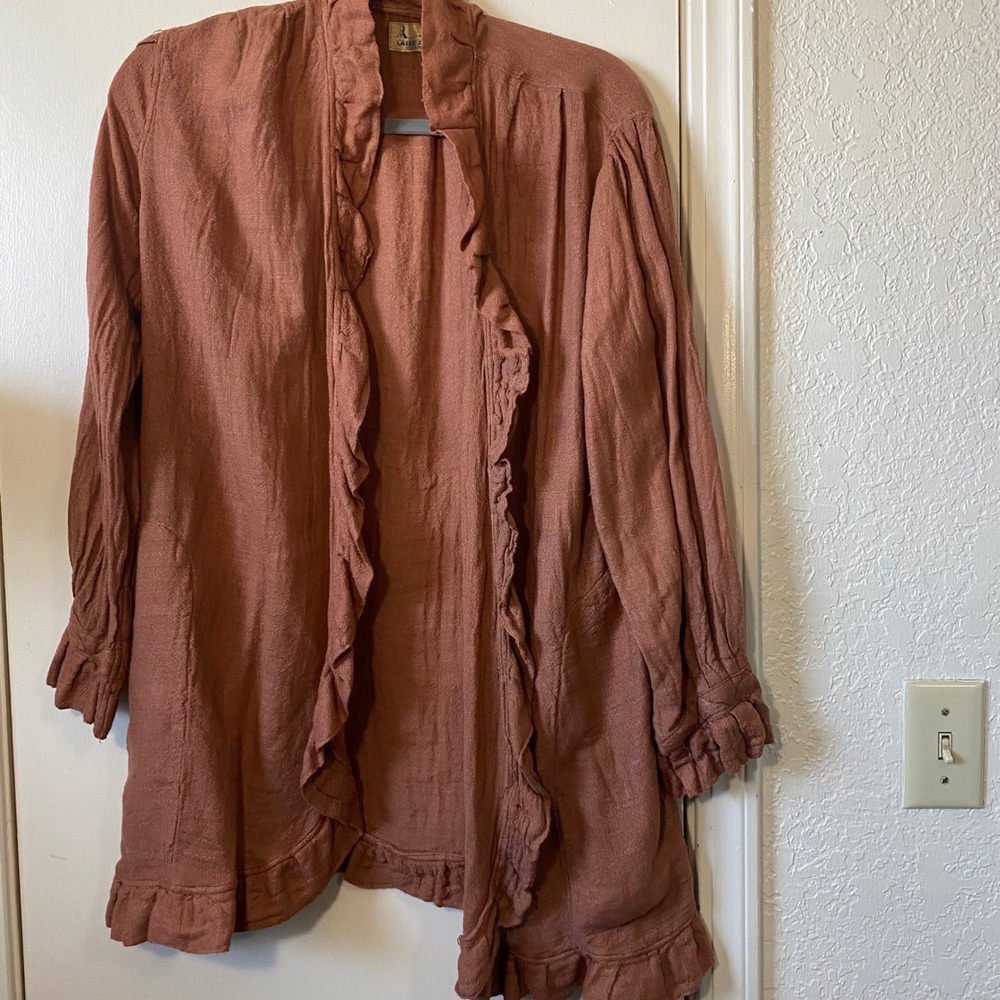 Laisse Adzer‎ Cardigan Jacket Womens Ruffle Trim Open Front Copper Cotton Blend